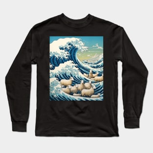 Japanese Kawaii Sheep Great Wave Off Kanagawa Long Sleeve T-Shirt